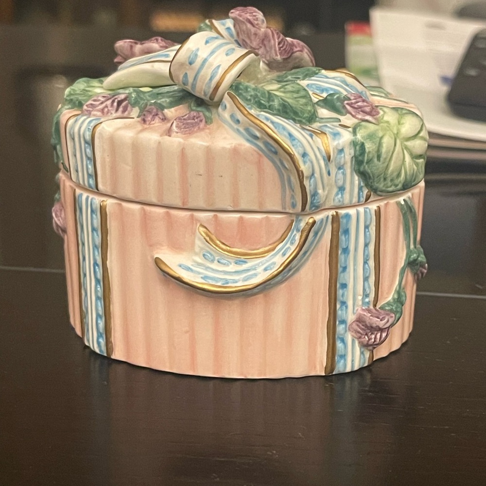 Floral Ceramic Trinket Box - Pink and Green